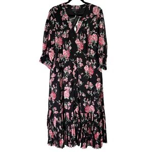 Gracia Black Floral Pleated Hem Midi Dress 1XL NWT D32775 Pink Rose Button Front